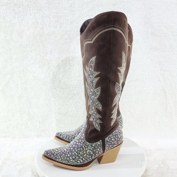 Crystal Dark Brown Multi Rhinestones Country Glam Western Cowgirl Knee Boots - Picture 16 of 17